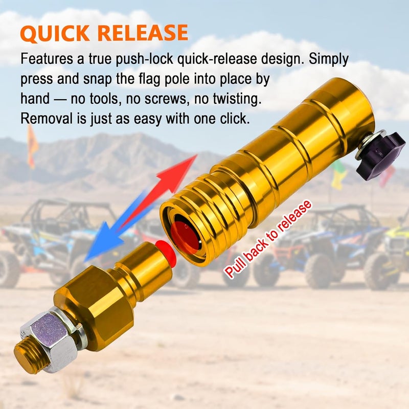 Rawsomes Quick Release Flag Pole Holder - Flag Mount Base for 1/4" & 5/16" Poles - Whip Flags Holder Compatible with UTV ATV Off Road 4 Wheeler Dune Buggy Side by Side SXS Can-Am Maverick Polaris Razor (Gold) - Image 3